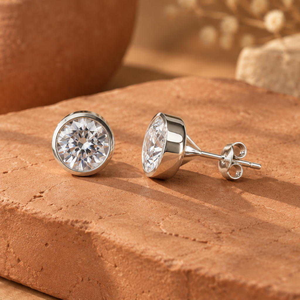 Aros abridores de plata 925 con una piedra redonda transparente en chatón liso, sobre arcilla cruda